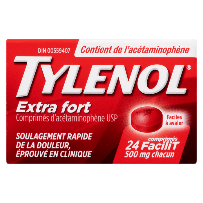 Comprimés d'acétaminophène Tylenol USP Extra Strength 500 mg chacun 24 eZtabs