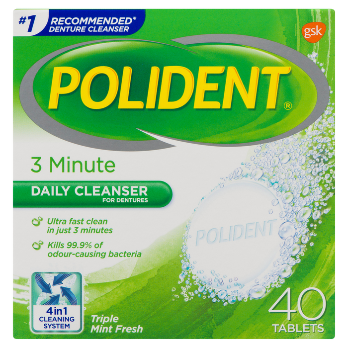 Polident Daily Cleanser for Dentures 3 Minute Triple Mint Fresh 40 Tablets