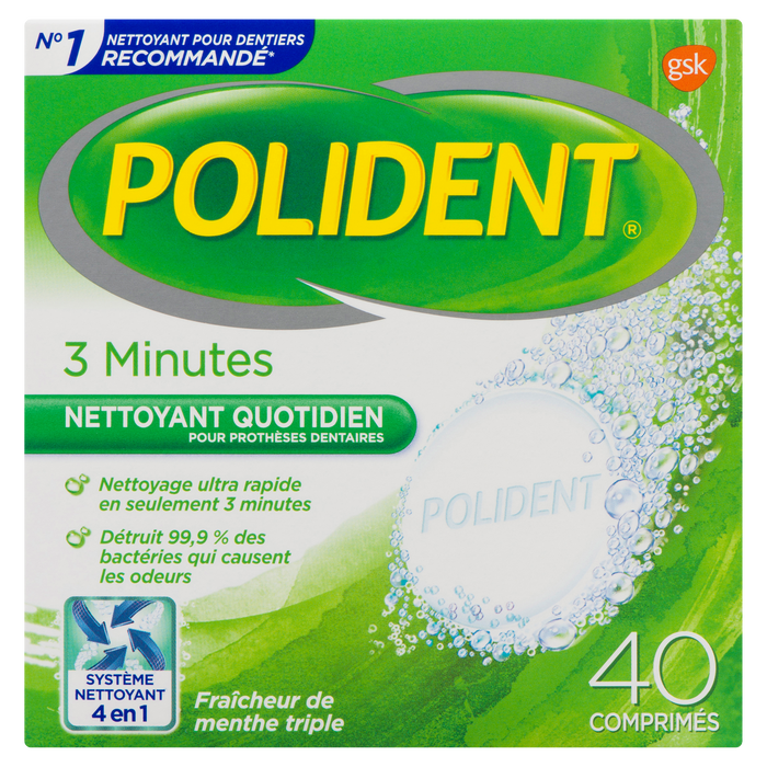 Polident Daily Cleanser for Dentures 3 Minute Triple Mint Fresh 40 Tablets