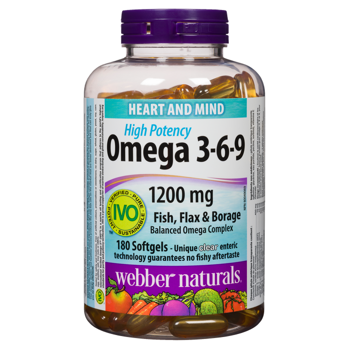 Webber Naturals Heart and Mind Oméga 3-6-9 Poisson, Lin et Bourrache 1200 mg 180 gélules