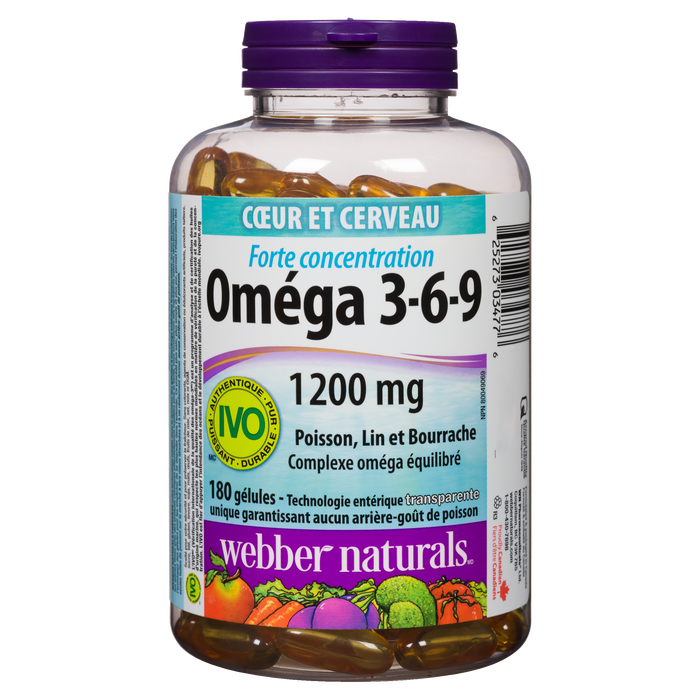 Webber Naturals Heart and Mind Oméga 3-6-9 Poisson, Lin et Bourrache 1200 mg 180 gélules