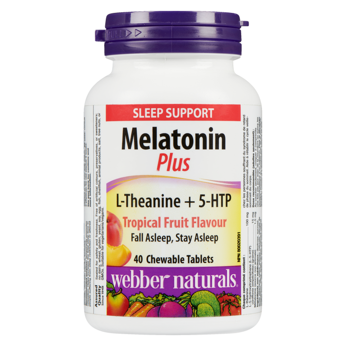 Webber Naturals Melatonin Plus L-Theanine + 5-HTP Saveur de fruits tropicaux 40 comprimés à croquer