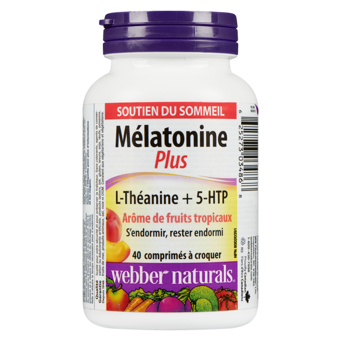 Webber Naturals Melatonin Plus L-Theanine + 5-HTP Saveur de fruits tropicaux 40 comprimés à croquer