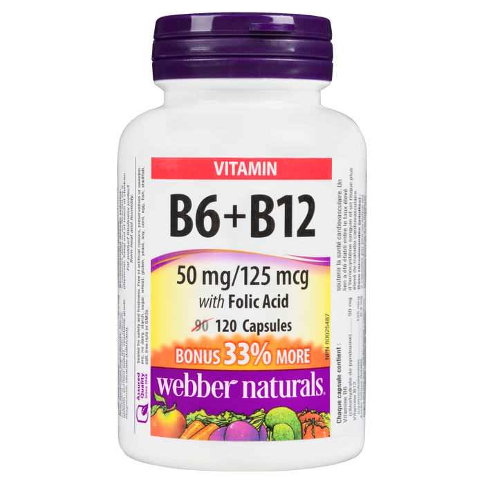 Webber Naturals Vitamin B6 + B12 50 mg/125 mcg with Folic Acid 120 Capsules