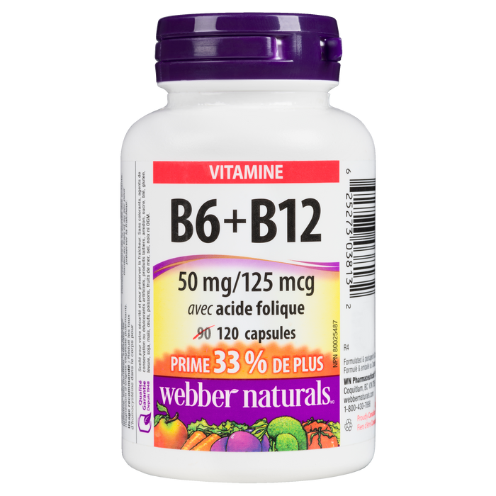 Webber Naturals Vitamin B6 + B12 50 mg/125 mcg with Folic Acid 120 Capsules