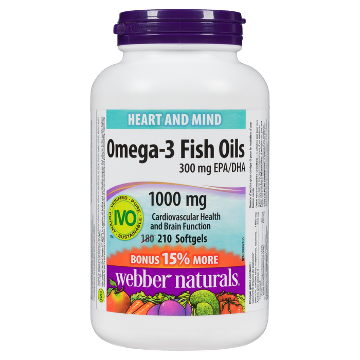 Huiles de poisson oméga-3 Webber Naturals 300 mg EPA/DHA 1000 mg x 210 gélules