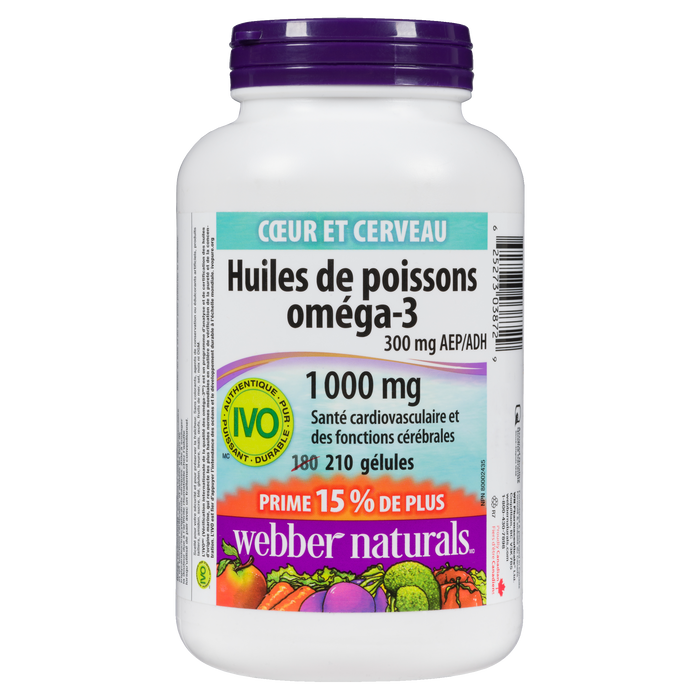 Huiles de poisson oméga-3 Webber Naturals 300 mg EPA/DHA 1000 mg x 210 gélules