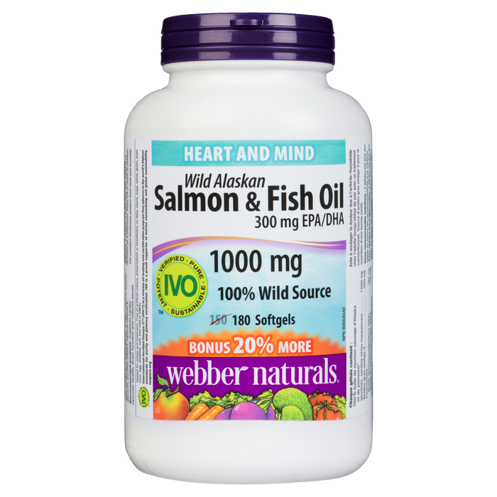 Huile de saumon et de poisson sauvage d'Alaska Heart and Mind de Webber Naturals 300 mg EPA/DHA 1 000 mg 180 gélules