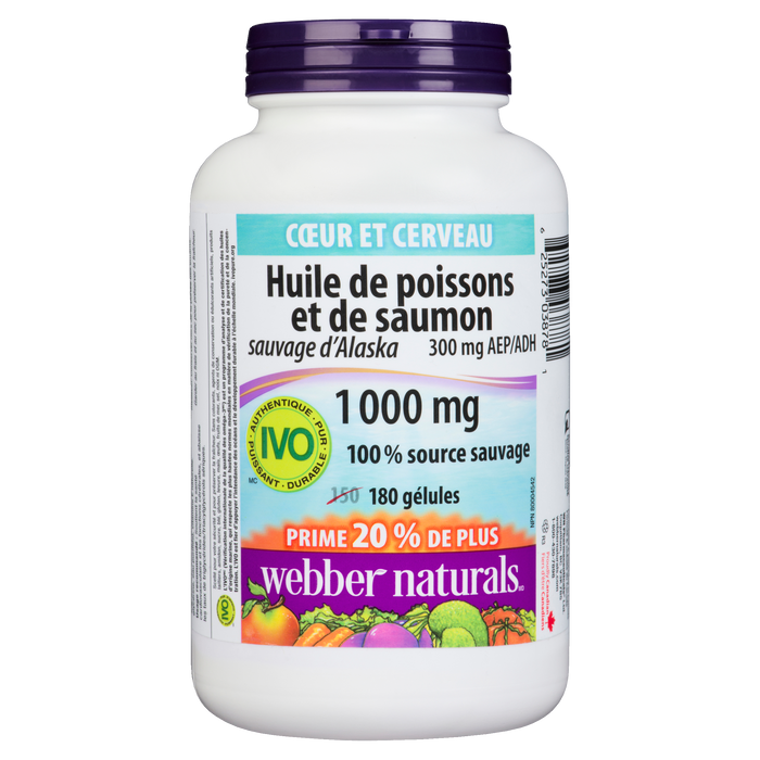 Huile de saumon et de poisson sauvage d'Alaska Heart and Mind de Webber Naturals 300 mg EPA/DHA 1 000 mg 180 gélules