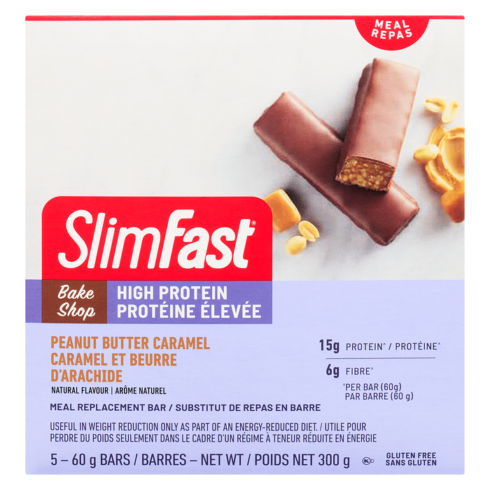 Barre de remplacement de repas SlimFast Bake Shop au beurre d'arachide et caramel 5 barres x 60 g (300 g)