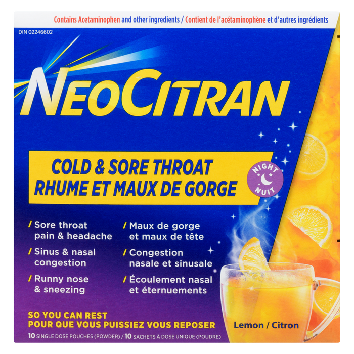 Poudre Neocitran rhume et mal de gorge nuit citron 10 sachets unidoses