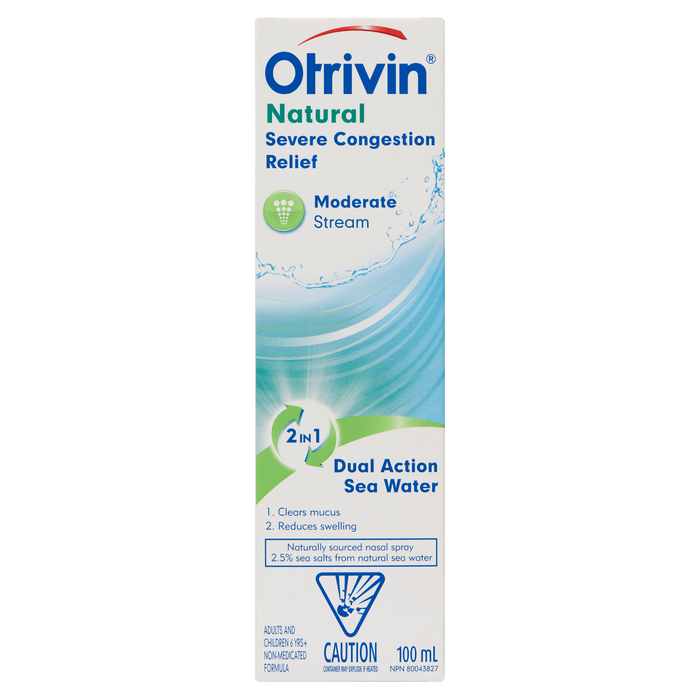 Otrivin Natural Soulagement de la congestion sévère Jet modéré 2 en 1 Double action Eau de mer 100 ml