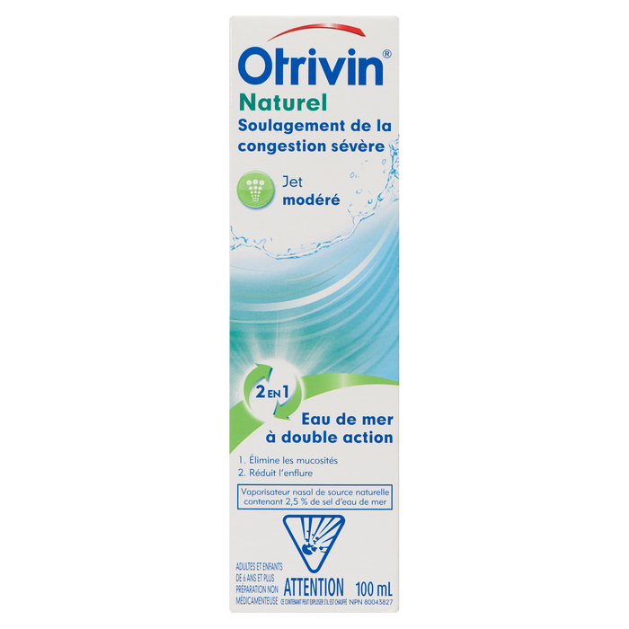 Otrivin Natural Soulagement de la congestion sévère Jet modéré 2 en 1 Double action Eau de mer 100 ml