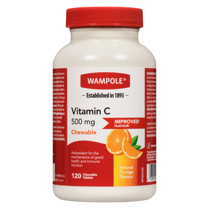 Wampole Vitamine C 500 mg à croquer Saveur naturelle d'orange 120 comprimés à croquer