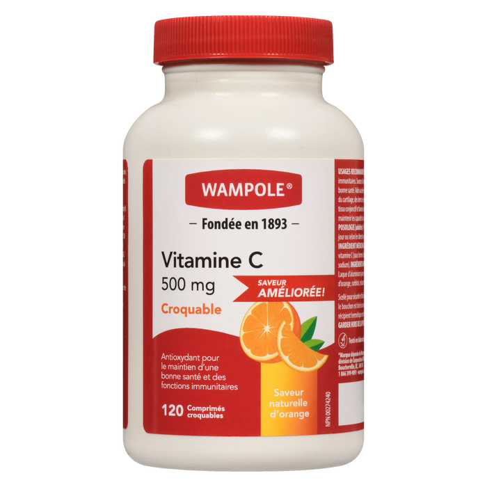 Wampole Vitamine C 500 mg à croquer Saveur naturelle d'orange 120 comprimés à croquer