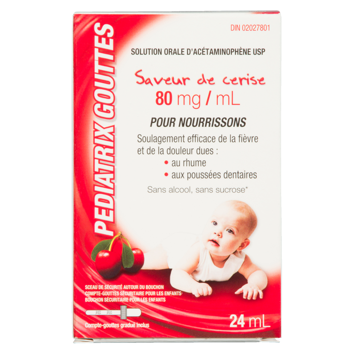 Gouttes Rougier Pediatrix Solution buvable d'acétaminophène USP Saveur cerise pour nourrissons 24 ml