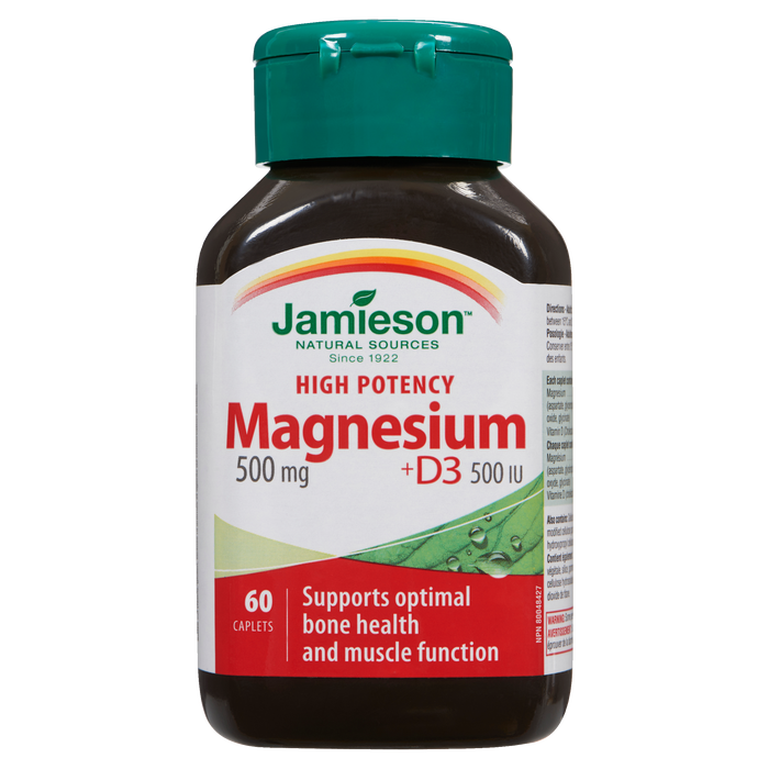 Jamieson Magnésium haute puissance 500 mg + D3 500 UI 60 comprimés