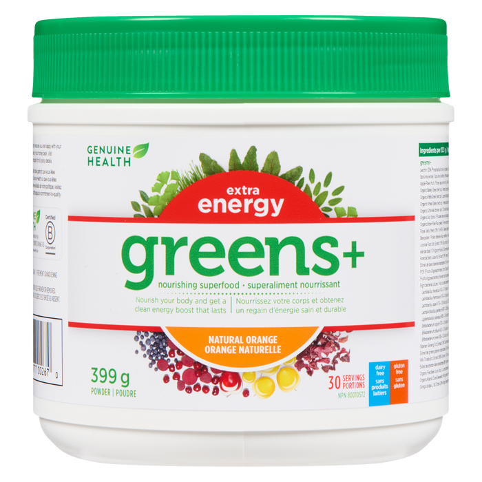 Poudre de superaliments nourrissants Genuine Health Extra Energy Greens+ Orange naturelle 399 g