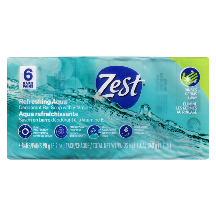 Zest Deodorant Bar Soap with Vitamin E Refreshing Aqua 6 Bars x 90 g (540 g)