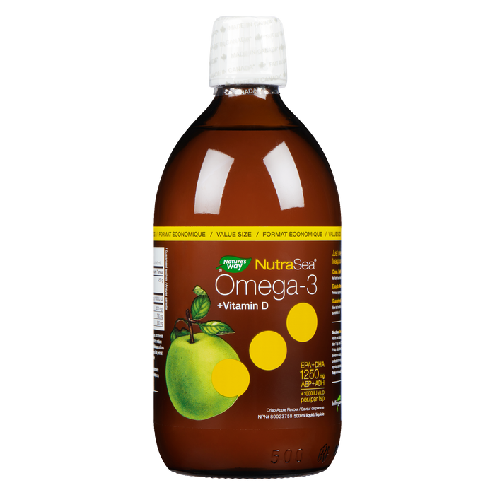 Nature's Way NutraSea Omega-3 + Vitamin D Liquid Crisp Saveur Pomme Format Économique 500 ml