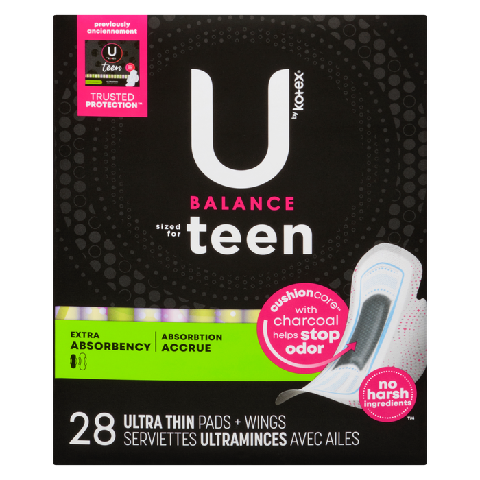 U by Kotex Balance Sized for Teen Extra Absorbency 28 Ultra Thin Pads + Wings