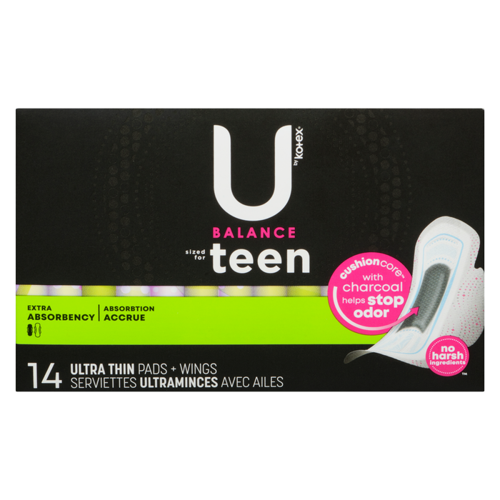 U by Kotex Balance Sized for Teen Extra Absorbency 14 Ultra Thin Pads + Wings