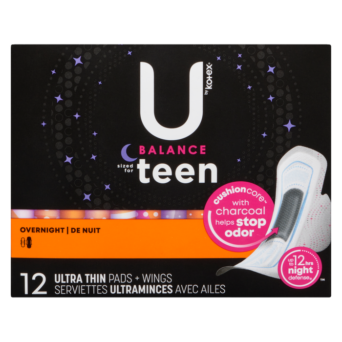 U by Kotex Balance Sized for Teen Overnight 12 Ultra Thin Pads + Wings