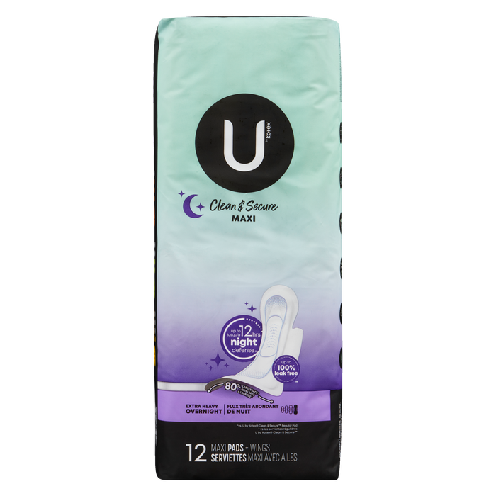 U by Kotex Clean & Secure Extra Heavy Overnight 12 Maxi Pads + Wings