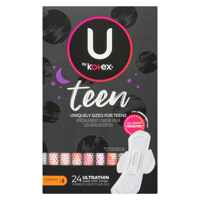 Serviettes hygiéniques ultra-fines U by Kotex de taille unique pour adolescentes, 24 pièces, avec ailes