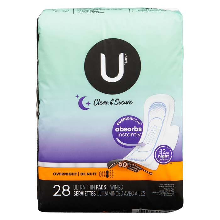 U by Kotex Clean & Secure Overnight 28 Ultra Thin Pads + Wings