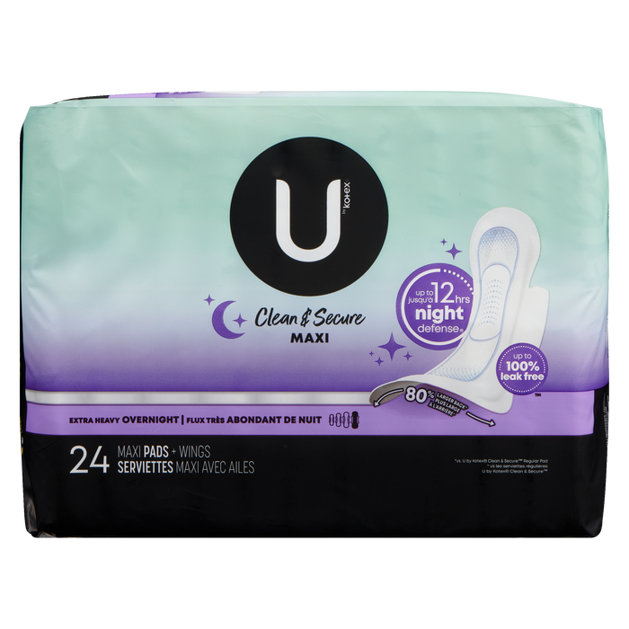 U by Kotex Clean & Secure Extra Heavy Overnight 24 Maxi Pads + Wings