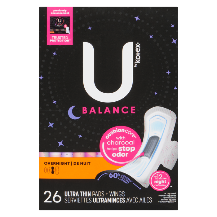 U by Kotex Balance Overnight 26 Ultra Thin Pads + Wings