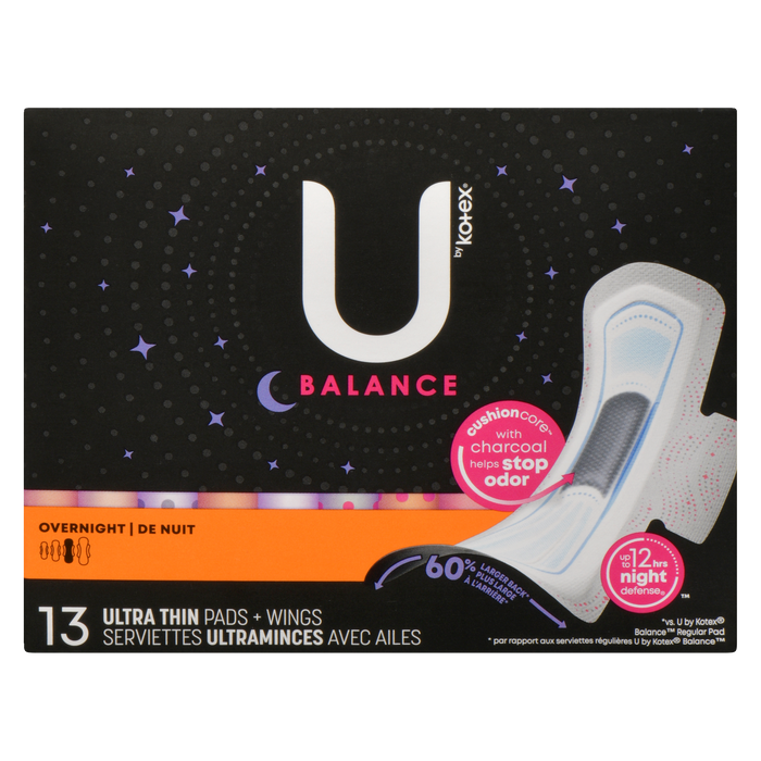 U by Kotex Balance Overnight 13 Ultra Thin Pads + Wings