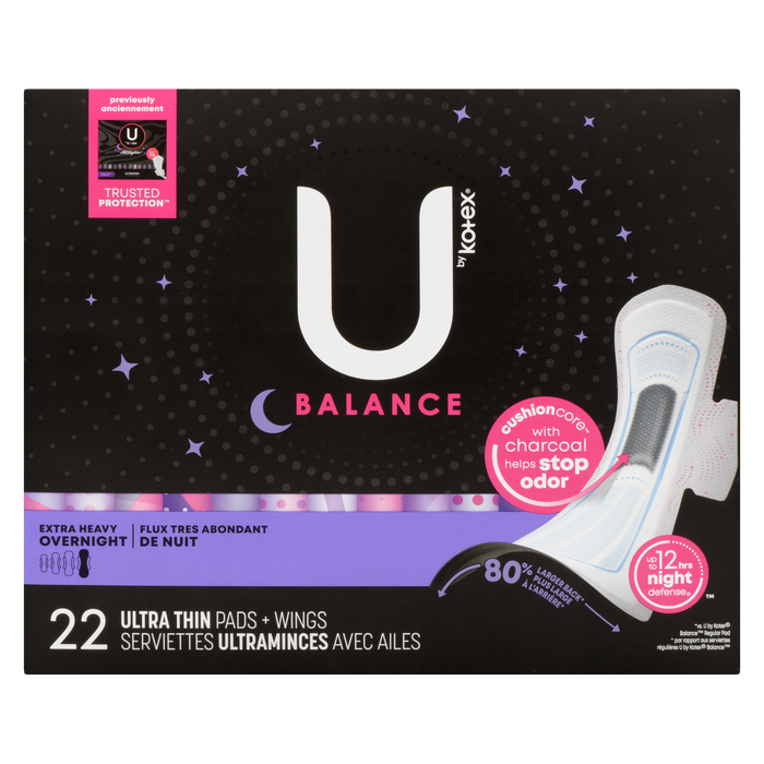 U by Kotex Balance Extra Heavy Overnight 22 Ultra Thin Pads + Wings