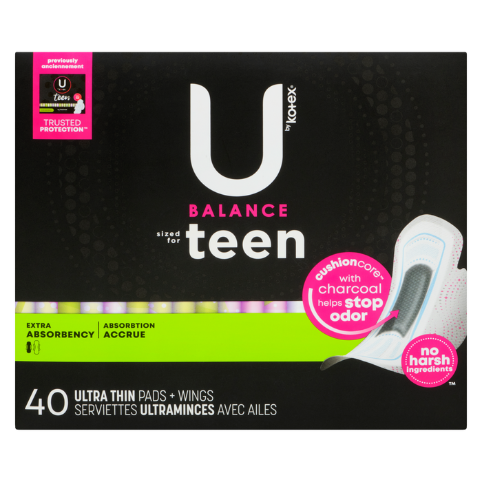 U by Kotex Balance Sized for Teen Extra Absorbency 40 Ultra Thin Pads + Wings