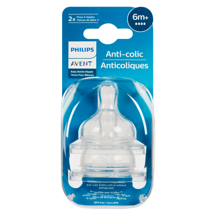 Tétine anti-colique pour biberon Philips Avent 6 mois et plus, 2 x débit, 4 tétines