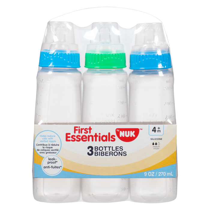 Biberons Nuk First Essentials 4 mois et plus, silicone, taille M, 270 ml, 3 pièces