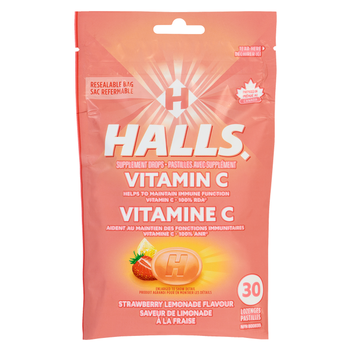 Halls Vitamin C Supplement Drops Strawberry Lemonade Flavour 30 Lozenges