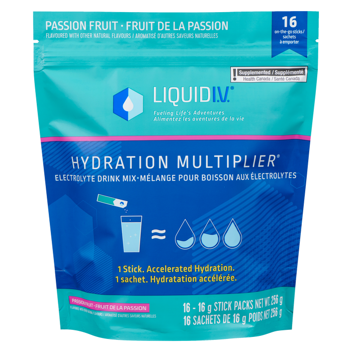 Mélange pour boisson électrolytique Liquid IV Multiplicateur d'hydratation Fruit de la passion 16 sachets x 16 g (256 g)