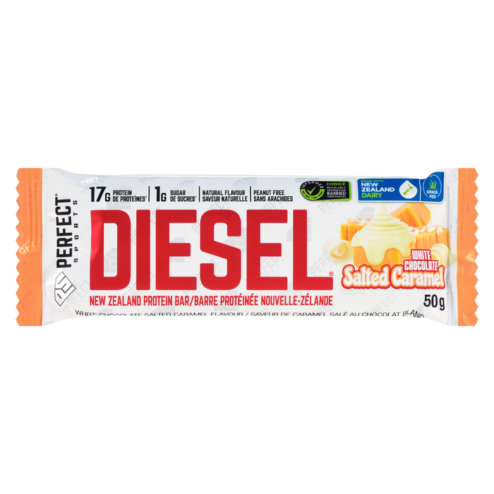 Barre protéinée PERFECT Sports DIESEL Nouvelle-Zélande, saveur chocolat blanc caramel salé 50 g