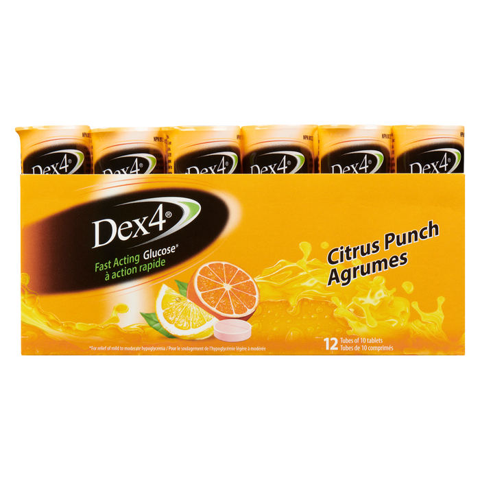 Dex4 Fast Acting Glucose Citrus Punch 12 Tubes of 10 Tablets