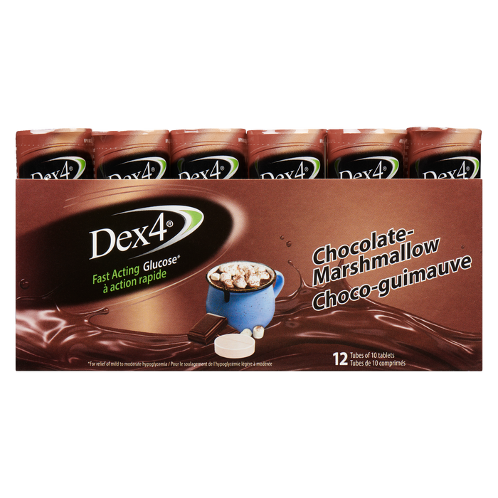 Dex4 Glucose à action rapide Chocolat-Guimauve 12 tubes de 10 comprimés