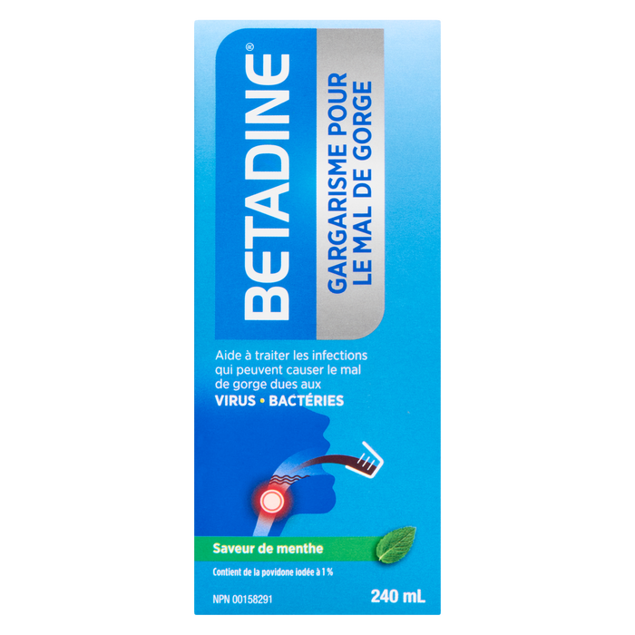 Gargarisme contre les maux de gorge à la bétadine, saveur menthe, 240 ml