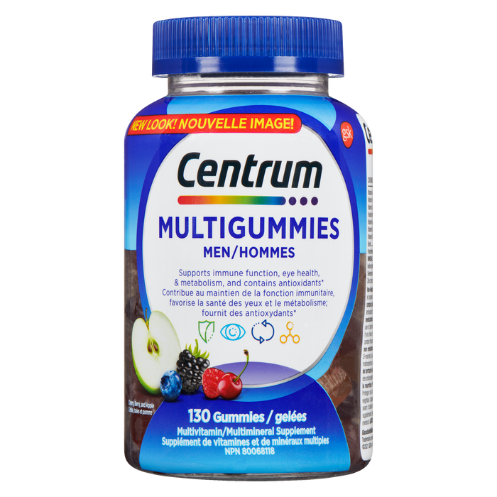 Centrum MultiGummies Complément multivitaminé et multiminéral pour hommes Cerise, baies et pomme 130 gummies