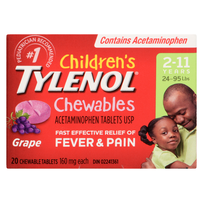 Comprimés à croquer d'acétaminophène pour enfants TYLENOL USP 2-11 ans 160 mg chacun Raisin 20 comprimés à croquer