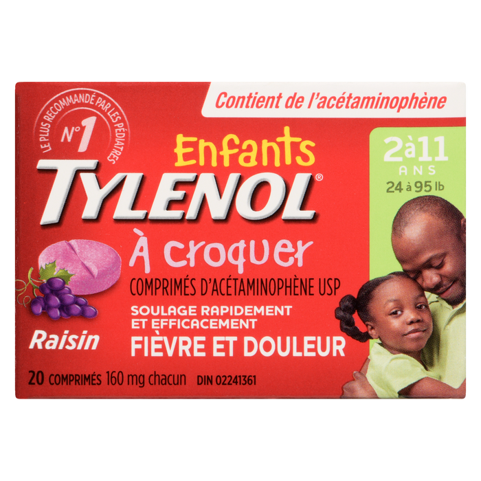 Comprimés à croquer d'acétaminophène pour enfants TYLENOL USP 2-11 ans 160 mg chacun Raisin 20 comprimés à croquer