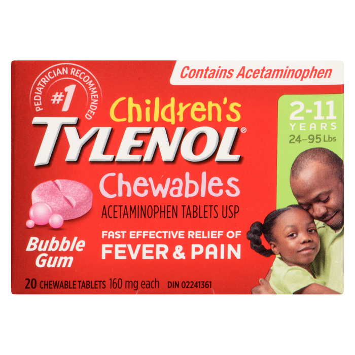 Comprimés à croquer d'acétaminophène pour enfants TYLENOL USP 2-11 ans 160 mg chacun Bubble Gum 20 comprimés à croquer