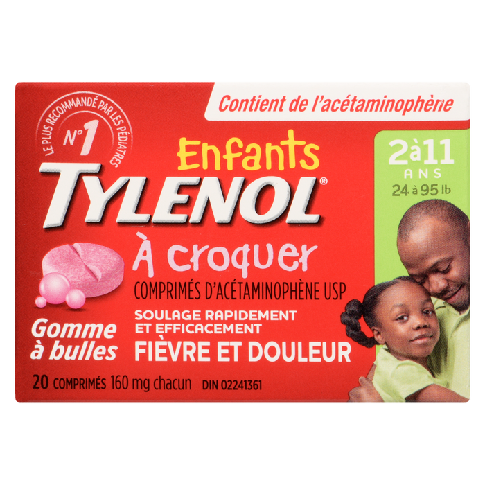 Comprimés à croquer d'acétaminophène pour enfants TYLENOL USP 2-11 ans 160 mg chacun Bubble Gum 20 comprimés à croquer