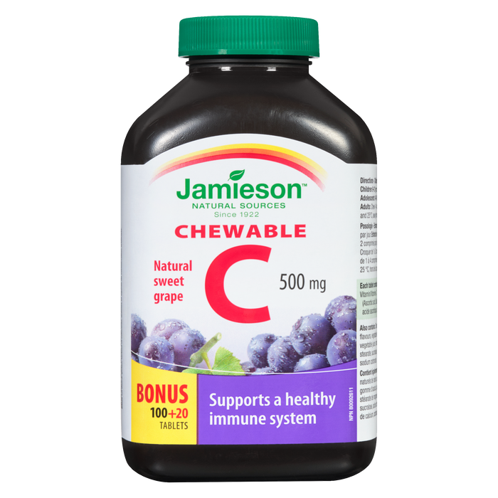 Jamieson C à croquer Natural Sweet Grape 500 mg 100+20 comprimés