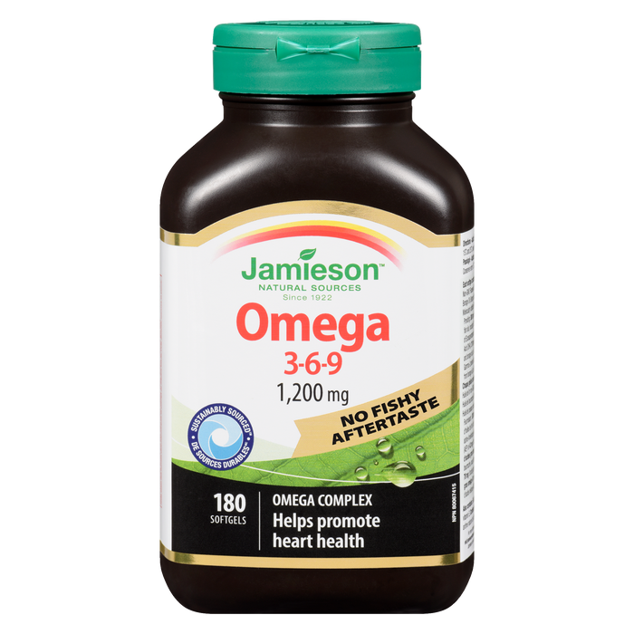 Jamieson Omega 3-6-9 sans arrière-goût de poisson 1 200 mg 180 gélules